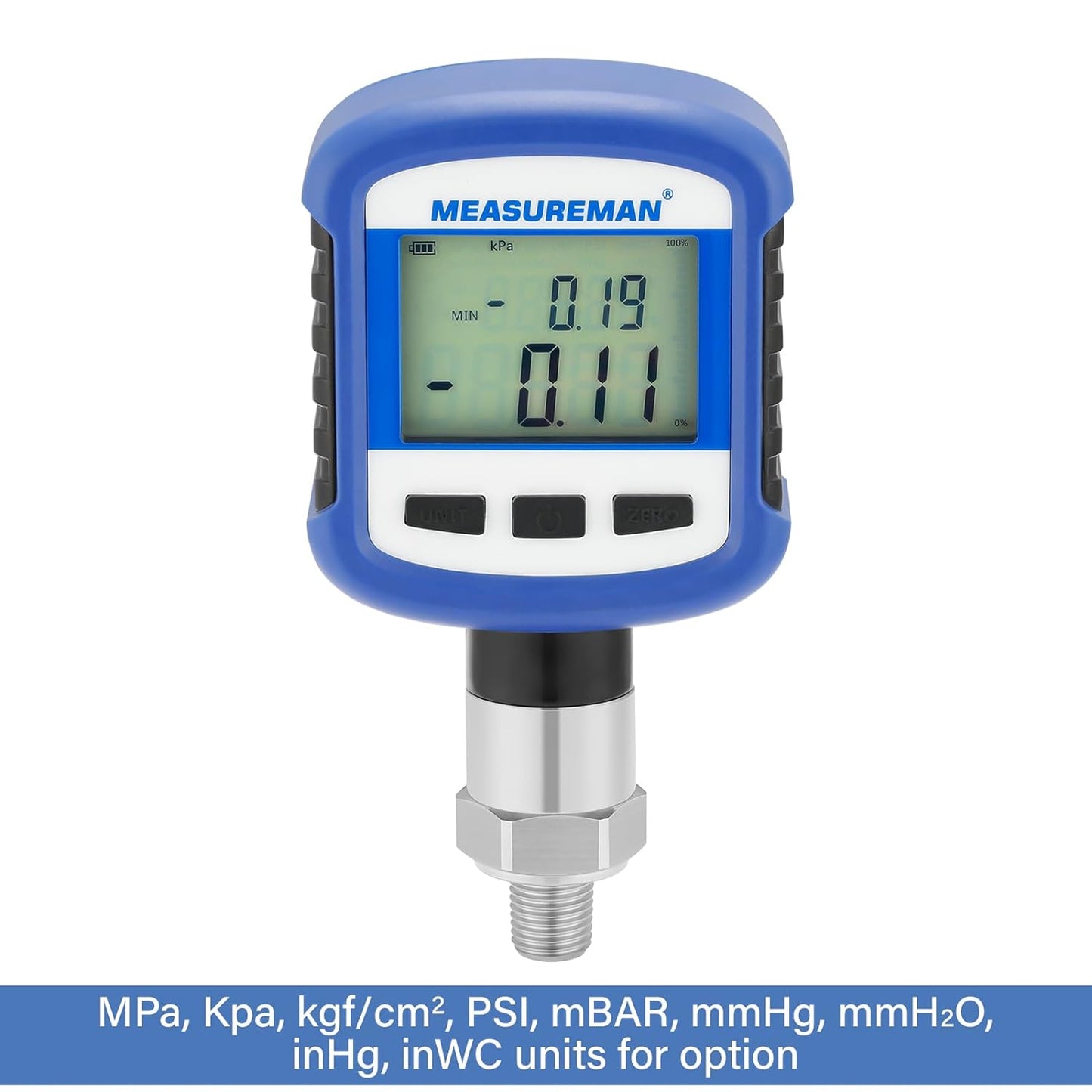 Medidor de presión industrial digital de 0-60 psi, 0.2% FS, NPT de 1/4 pulgadas inferior, caja y conexión de acero inoxidable, alimentado por batería, con Bluetooth y luz LCD