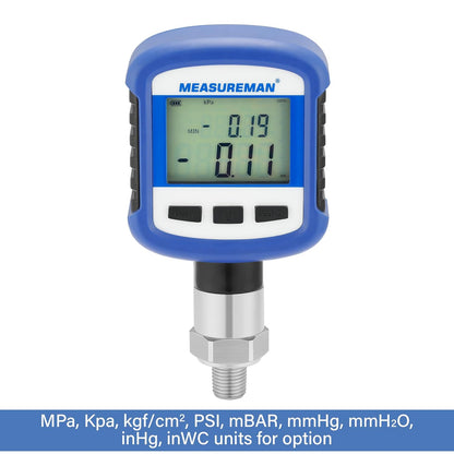 Medidor de presión industrial digital de 0-60 psi, 0.2% FS, NPT de 1/4 pulgadas inferior, caja y conexión de acero inoxidable, alimentado por batería, con Bluetooth y luz LCD
