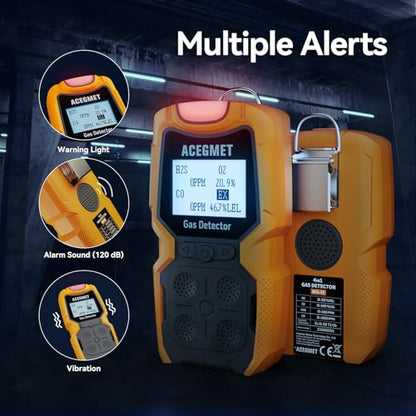 Detector de gas, monitor de gas ACEGMET 4, indicador múltiple (vibración, audible, visual) H2S, O2, CO y LEL 4, monitor de gas recargable personal de 4 medidores de gas, 2 años de vida del sensor de
