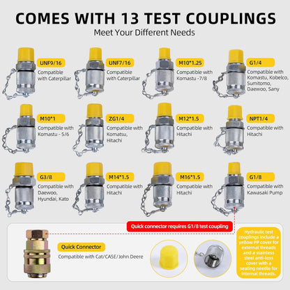 Kit de prueba de presión hidráulica con 5 indicadores (máximo 10000 PSI), 13 acoplamientos de prueba, 14 conectores en T, 5 mangueras de prueba, juego de probador de calibre hidráulico para