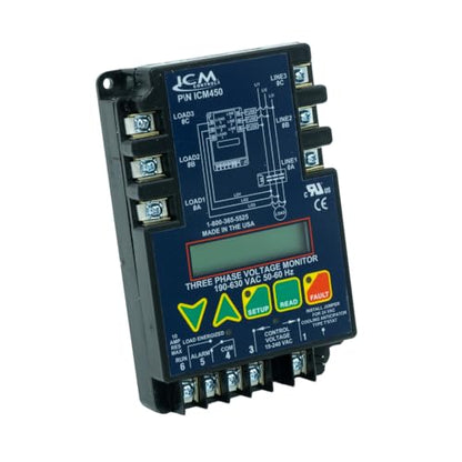 ICM Controls Monitor trifásico ICM450, memoria de 25 fallas, configuración y diagnóstico de LCD, identificación de fallas (paquete único)