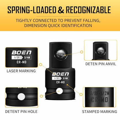 BOEN Juego de adaptador y reductor de llaves de impacto de 10 piezas, SAE estándar de 1/4 pulgadas 3/8 pulgadas 1/2 pulgadas 3/4 pulgadas, kit de conversión de llave y destornillador de acero CR-MO