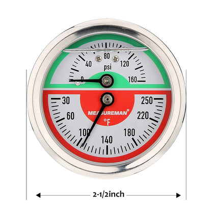 Measureman Tridicador, termo-manómetro, 2-1/2 pulgadas, relleno de aceite de silicona, 0-160 psi/30-250 grados F, caja de acero inoxidable, medidor de presión de montaje inferior NPT de 1/4 pulgadas