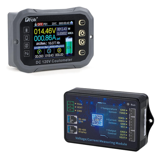 DROK - Multímetro de carga y descarga, 0-120 V 100 A CC voltímetro acoplador, control de aplicación de teléfono celular, monitor de batería LCD, voltaje, temperatura, capacidad de potencia, monitor de