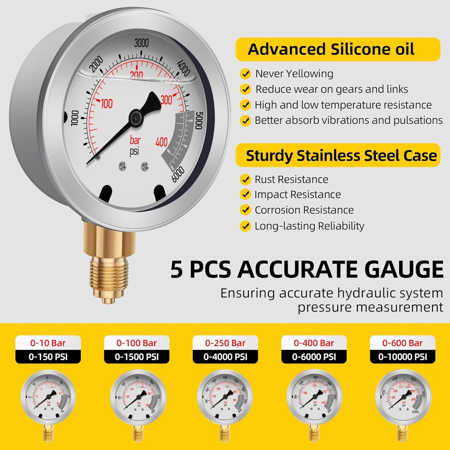 Kit de prueba de presión hidráulica con 5 indicadores (máximo 10000 PSI), 13 acoplamientos de prueba, 14 conectores en T, 5 mangueras de prueba, juego de probador de calibre hidráulico para