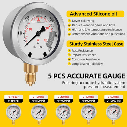 Kit de prueba de presión hidráulica con 5 indicadores (máximo 10000 PSI), 13 acoplamientos de prueba, 14 conectores en T, 5 mangueras de prueba, juego de probador de calibre hidráulico para