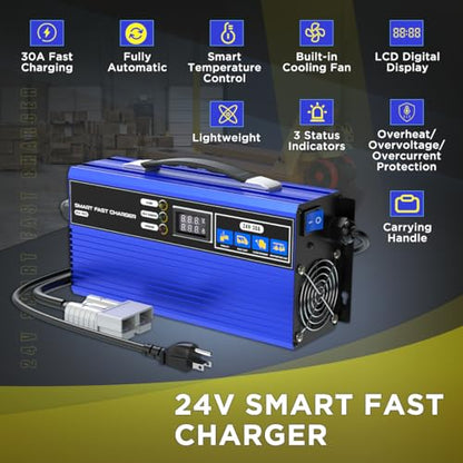 Cargador de batería para carretilla elevadora de 24 V 30 A, cargador de batería inteligente para carrito de golf, cargador eléctrico completamente automático, cargador de palé eléctrico y carretilla