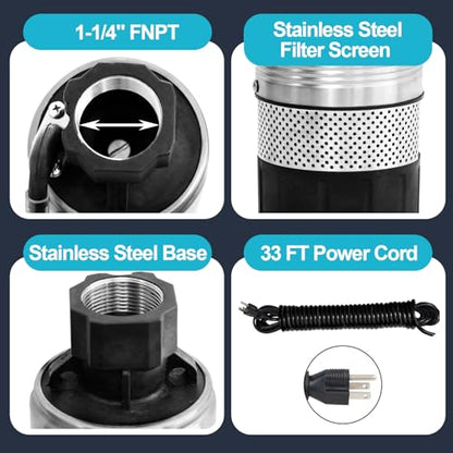 WASSERMANN Bomba séptica de 4 pulgadas con efluente sumergible/bomba de succión inferior de cisterna con cable de 33 pies, 1/2HP, 115V/60HZ, 26GPM, cabeza de 138 pies, bomba de pozo profundo de acero