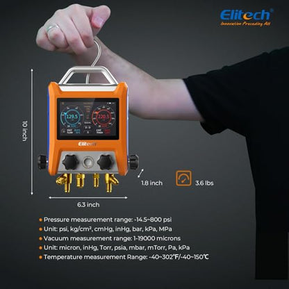 Elitech EMG-40Vpro Manómetro Digital Inteligente de Colector para HVAC con Medidor de Micrones de Vacío + 2 Piezas de Abrazadera de Temperatura Inalámbrica IPT-01 Número de pieza EMG-40Vpro-IPT-01