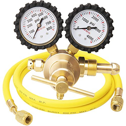 Regulador de nitrógeno HVAC con manguera de 60 pulgadas, regulador de nitrógeno 0-800 PSI de presión de salida, presión de entrada de 0-4000 PSI, conexión de entrada CGA580, conexión de salida macho