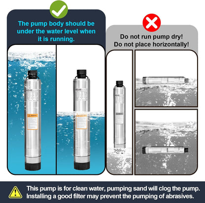 WASSERMANN Bomba séptica de 4 pulgadas con efluente sumergible/bomba de succión inferior de cisterna con cable de 33 pies, 1/2HP, 115V/60HZ, 26GPM, cabeza de 138 pies, bomba de pozo profundo de acero