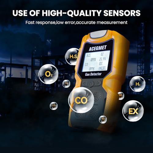 Detector de gas, monitor de gas ACEGMET 4, indicador múltiple (vibración, audible, visual) H2S, O2, CO y LEL 4, monitor de gas recargable personal de 4 medidores de gas, 2 años de vida del sensor de
