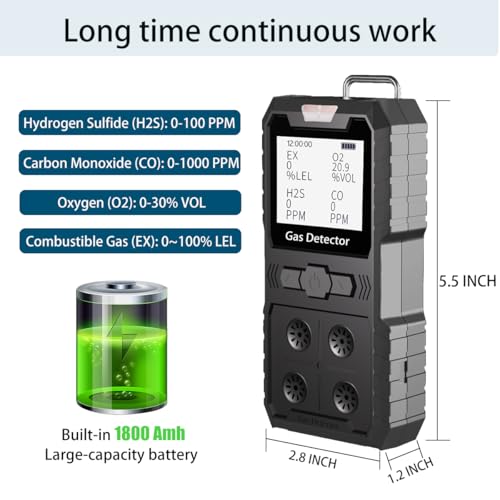Detector de 4 gases, 4 monitores de gas portátil Detector de gas múltiple H2S, O2, CO y EX Pantalla LCD recargable Monitor H2s, sensor de calidad, medidor de gas de 13.1 ft (negro)