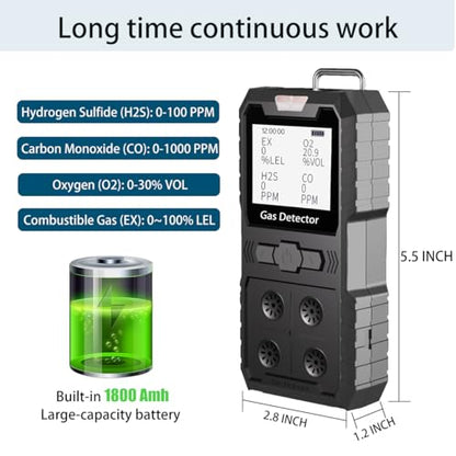 Detector de 4 gases, 4 monitores de gas portátil Detector de gas múltiple H2S, O2, CO y EX Pantalla LCD recargable Monitor H2s, sensor de calidad, medidor de gas de 13.1 ft (negro)