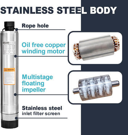 WASSERMANN Bomba séptica de 4 pulgadas con efluente sumergible/bomba de succión inferior de cisterna con cable de 33 pies, 1/2HP, 115V/60HZ, 26GPM, cabeza de 138 pies, bomba de pozo profundo de acero