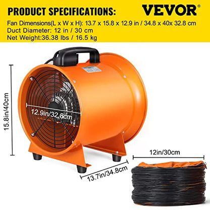 VEVOR Ventilador de ventilador utilitario, 12 pulgadas, 520 W, 2295 CFM, ventilador de alta velocidad con manguera de conducto de 32.8 pies, ventilador de ventilación portátil, extractor de humos para