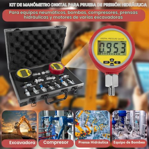 HIHITOMORROW H-464613 Kit de comprobación de presión hidráulica 70M, con medidores de presión digital 10000PSI/70MPa, 11 acoplamientos, 2 mangueras de prueba, kit de acoplamiento de probador hidráulico para sistemas