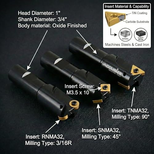 Accusize Industrial Tools Juego de 3 molinos de extremo Hogger Little Hogger, 45 grados, 90 grados y 3/16r con vástago de 3/4 pulgadas, cabeza de 1 pulgada, 0046-0700