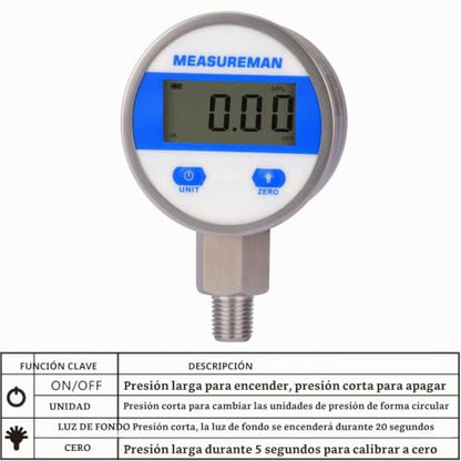 MEASUREMAN Medidor de presión industrial digital de 2-1/2" con esfera, con montaje inferior de 1/4" NPT, carcasa y conexión de acero inoxidable, 0-100 psi/bar, 1%, alimentado por batería, con luz LED MA154