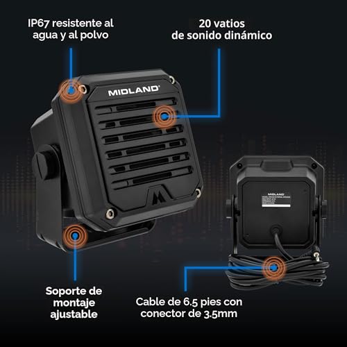 Midland - Altavoz externo resistente SPK100 de 20W - Base giratoria de 180 grados con soporte de montaje Funciona con todas las radios CB y MXT Sistema de sonido de 8 ohmios Enchufe de audio de 3,5 mm