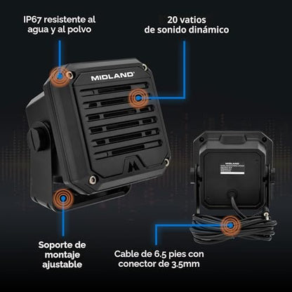 Midland - Altavoz externo resistente SPK100 de 20W - Base giratoria de 180 grados con soporte de montaje Funciona con todas las radios CB y MXT Sistema de sonido de 8 ohmios Enchufe de audio de 3,5 mm
