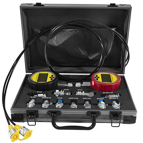 HIHITOMORROW H-464613 Kit de comprobación de presión hidráulica 70M, con medidores de presión digital 10000PSI/70MPa, 11 acoplamientos, 2 mangueras de prueba, kit de acoplamiento de probador hidráulico para sistemas