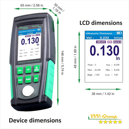 Medidor de espesor ultrasónico Industrial-882 / acero, metales, plástico, vidrio, PVC, medidor de espesor de tuberías, rango de 0.039 a 8.8 pulgadas, LCD de color HD de 2.4 pulgadas, calibración automática (todo el material)