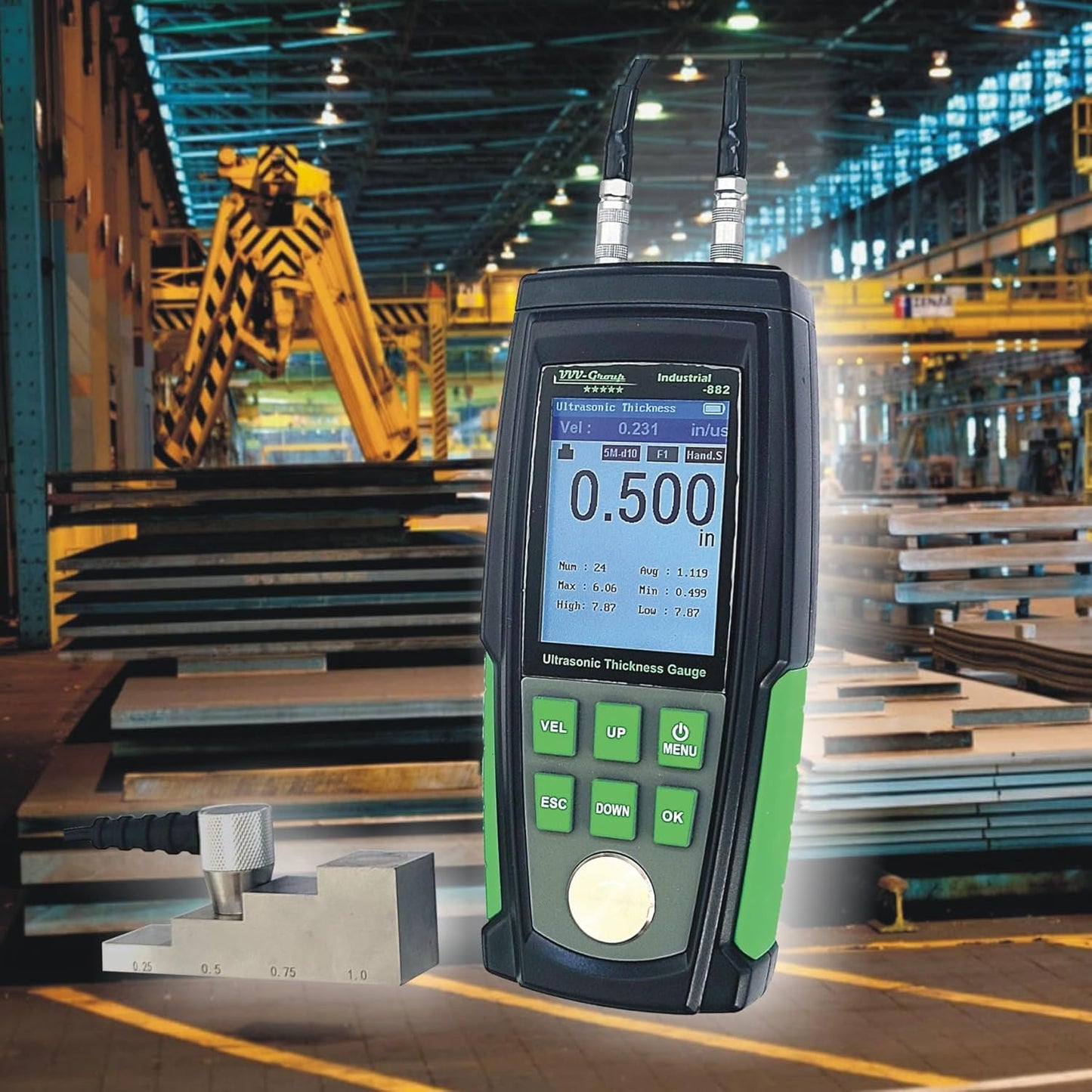 Medidor de espesor ultrasónico Industrial-882 / acero, metales, plástico, vidrio, PVC, medidor de espesor de tuberías, rango de 0.039 a 8.8 pulgadas, LCD de color HD de 2.4 pulgadas, calibración automática (todo el material)
