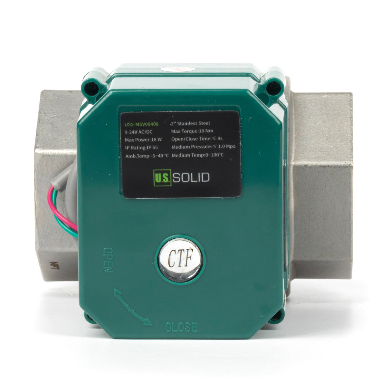 US SOLID Válvula de bola motorizada de 2" - Acero inoxidable, retorno automático de 2 cables, válvula de bola eléctrica de 9-24 V CA/CC con paso total, normalmente cerrada, certificada por NSF - NPT . SKU: JFMSV00408