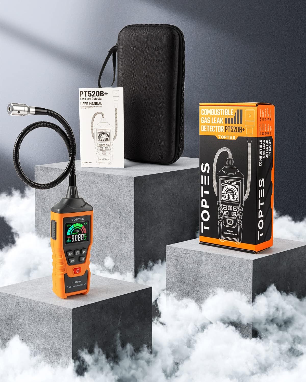 TopTes PT520B+ - Detector de fugas de gas recargable con una sonda de 43,5 cm para ubicar fugas de gas para propano, gas natural, metano, GLP en RV o hogar, medición de PPM o %LEL, color naranja