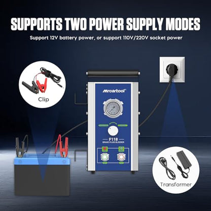 MR CARTOOL F118 Kit de purgador de frenos eléctrico, máquina intercambiadora de aceite de líquido de frenos automotriz de 110 V con 7 adaptadores de cilindro maestro para todos los vehículos