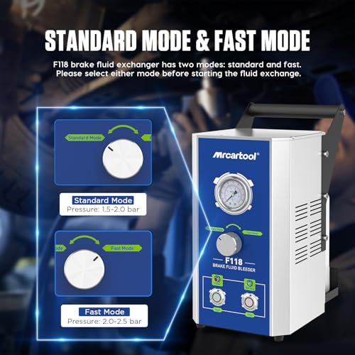 MR CARTOOL F118 Kit de purgador de frenos eléctrico, máquina intercambiadora de aceite de líquido de frenos automotriz de 110 V con 7 adaptadores de cilindro maestro para todos los vehículos