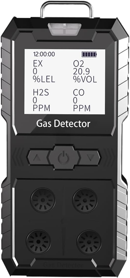 Detector de 4 gases, 4 monitores de gas portátil Detector de gas múltiple H2S, O2, CO y EX Pantalla LCD recargable Monitor H2s, sensor de calidad, medidor de gas de 13.1 ft (negro)