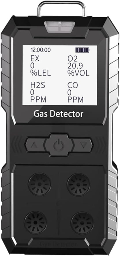 Detector de 4 gases, 4 monitores de gas portátil Detector de gas múltiple H2S, O2, CO y EX Pantalla LCD recargable Monitor H2s, sensor de calidad, medidor de gas de 13.1 ft (negro)