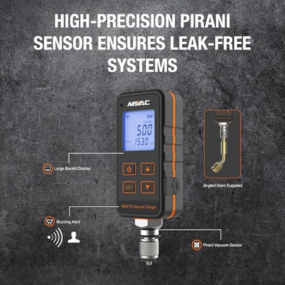 NAVAC NMV1S - Medidor de aspiradora de micras premium - Protección de alta presión - Medidor de aspiradora digital HVAC con alarma de nivel y advertencia de fugas, prueba de desintegración, gran
