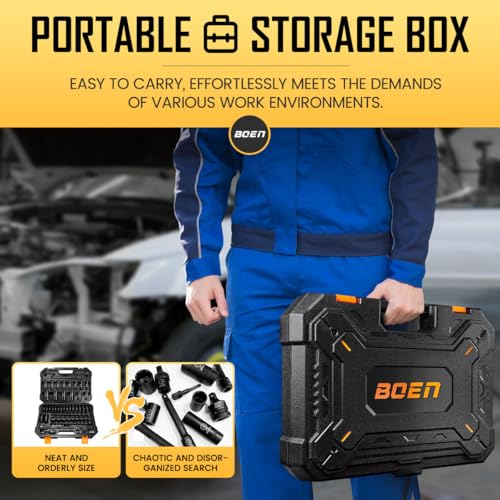 BOEN Juego de llaves de impacto de 1/2 pulgada, 72 piezas estándar SAE (5/16"-1-1/4") y métrico (0.315-0.945 in), kit profundo y poco profundo | Incluye mango de trinquete y adaptadores | Barra de