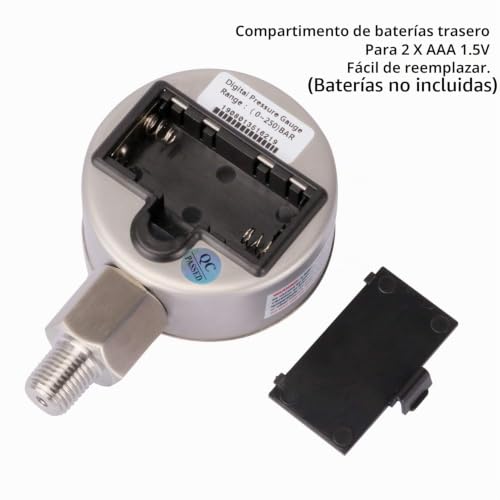 MEASUREMAN Medidor de presión industrial digital de 2-1/2" con esfera, con montaje inferior de 1/4" NPT, carcasa y conexión de acero inoxidable, 0-100 psi/bar, 1%, alimentado por batería, con luz LED MA154