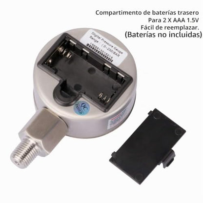 MEASUREMAN Medidor de presión industrial digital de 2-1/2" con esfera, con montaje inferior de 1/4" NPT, carcasa y conexión de acero inoxidable, 0-100 psi/bar, 1%, alimentado por batería, con luz LED MA154