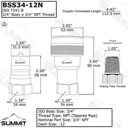 Juego de acopladores hidráulicos de desconexión rápida NPT ISO 7241-B de acero inoxidable