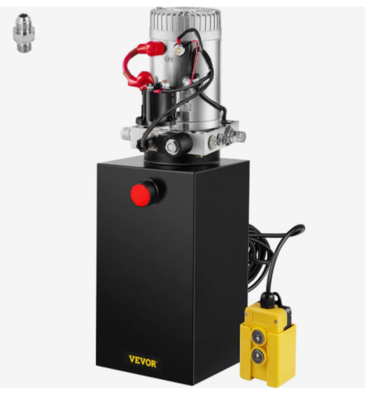 Bomba hidráulica VEVOR de 10 cuartos de galón, de simple efecto, 12 V CC (depósito de acero, 3200 PSI) con conector SAE n.° 6 para elevación de vehículos con remolque basculante 10QSAMHP