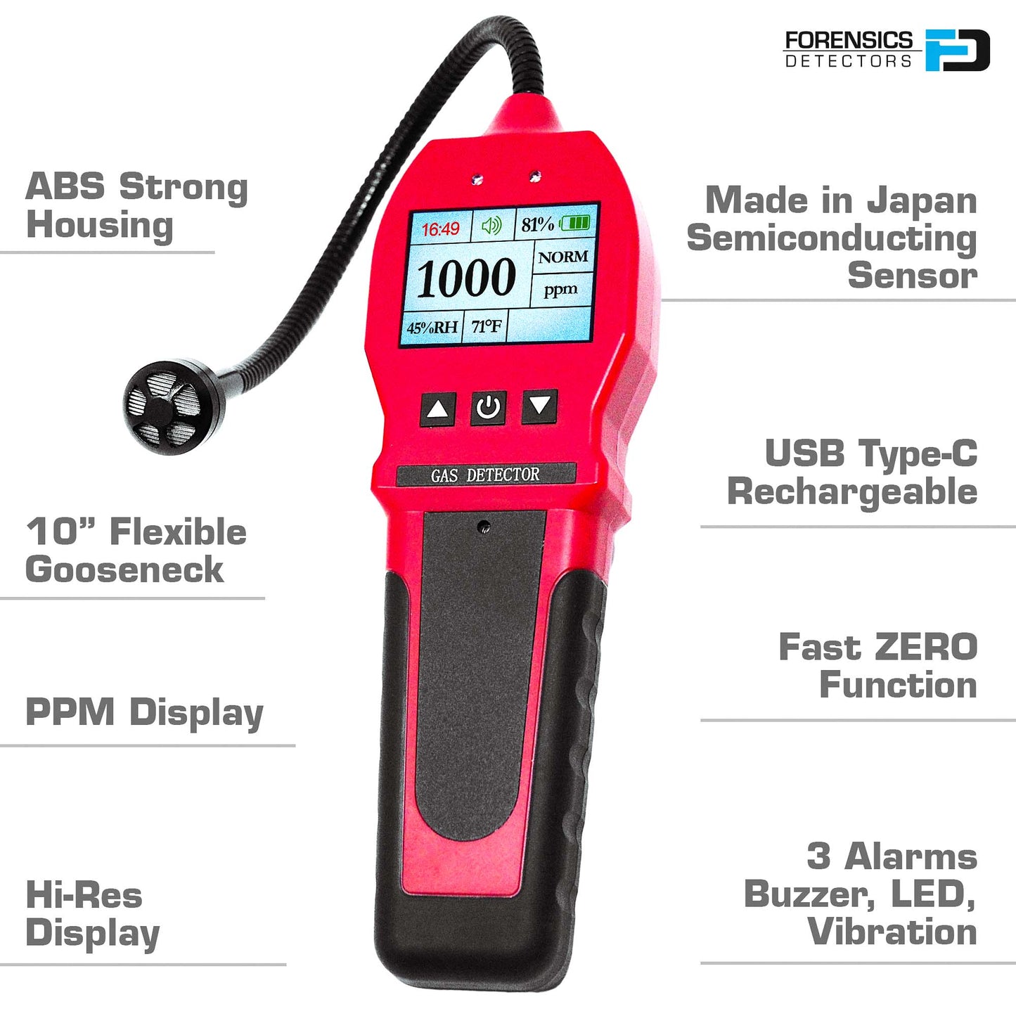 FORENSICS DETECTORS #FD-90E-RED Detector de Fugas de Gas | Combustibles | Rojo