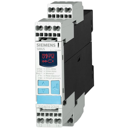Siemens 3UG46152CR20 SIRUS 3UG4 Pérdida de fase, secuencia de fase, sobrevoltaje, subvoltaje 160 ~ 690VCA 0.1 ~ 20s -25°C ~ 60°C