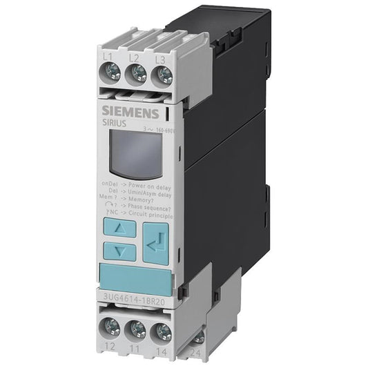 Siemens 3UG46151CR20 SIRUS 3UG4 Pérdida de fase, secuencia de fase, sobrevoltaje, subvoltaje 160 ~ 690VCA 0.1 ~ 20s -25°C ~ 60°C