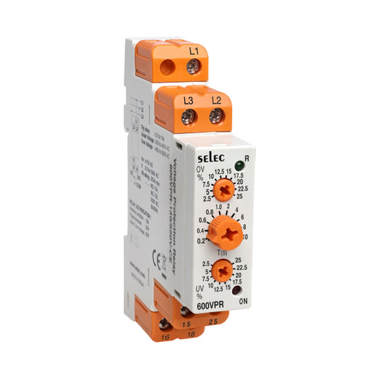 Selec Controls USA Inc. 600VPR-1-130/320-CE 600VPR Sobrevoltaje, subvoltaje 130 ~ 320VCA 0.25 ~ 20s 0°C ~ 50°C