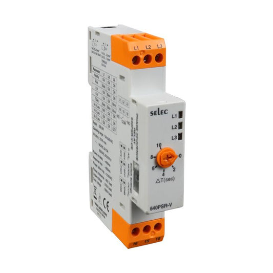 Selec Controls USA Inc. 640PSR-V-CE 640PSR Sobrecorriente, asimetría de fase, pérdida de fase, secuencia de fase, subvoltaje 154 ~ 520VCA 2 ~ 10s 0°C ~ 50°C