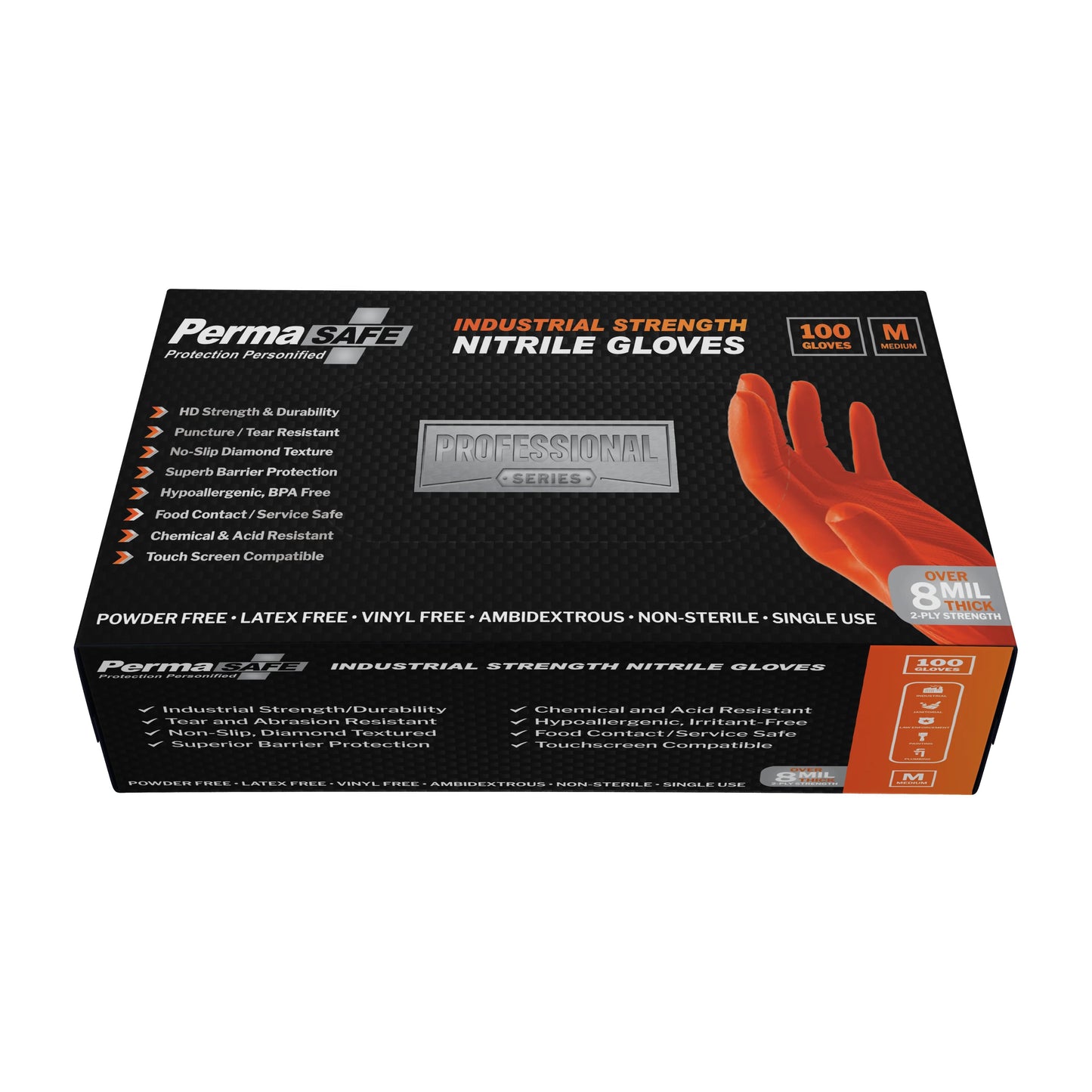 PermaSafe 8 Mil Pro Nitrile Disposable Gloves - S - - Anaranjado