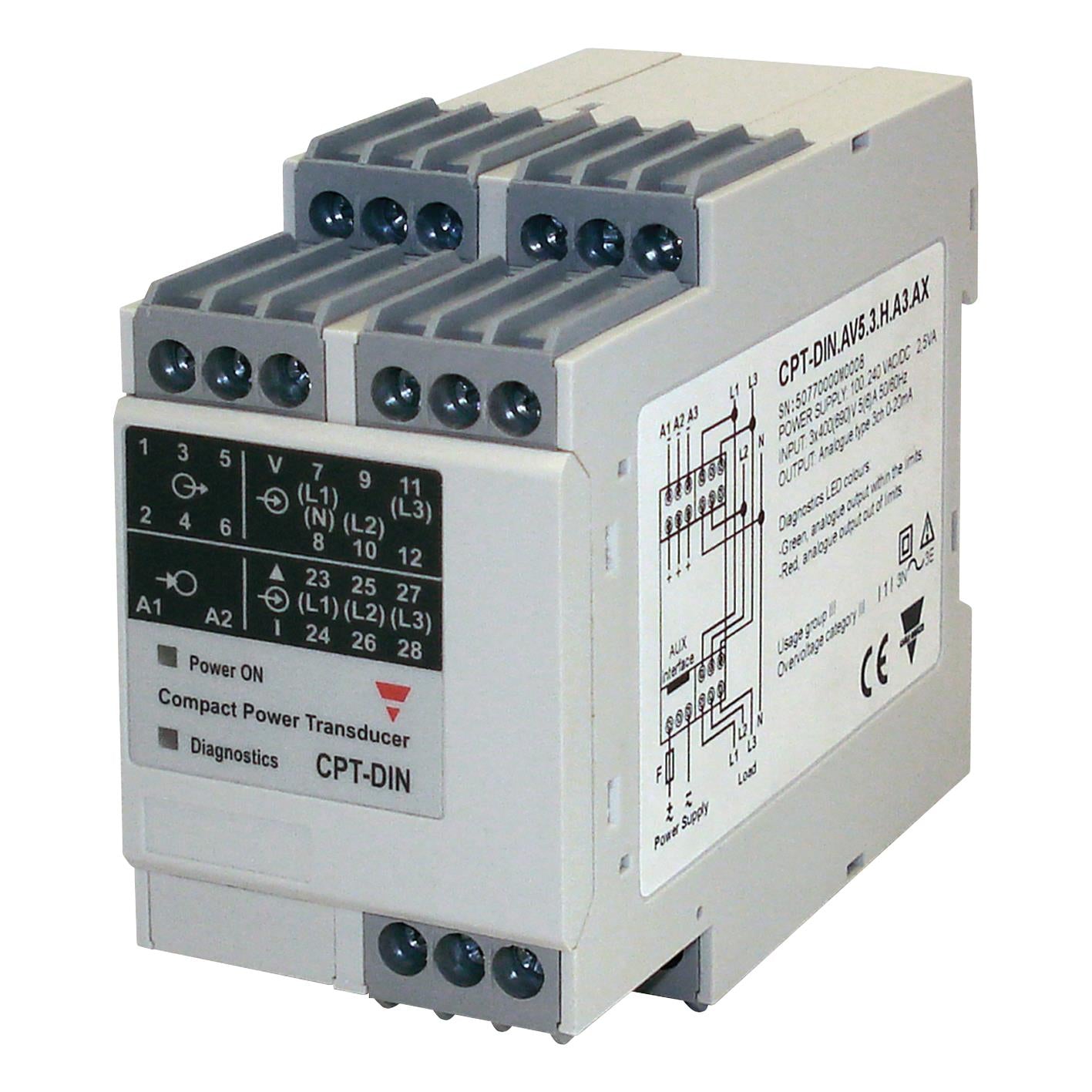 Carlo Gavazzi Inc. CPTDINAV53HA1AX CPT-DIN Transductor de voltaje de CA True RMS 400 ~ 690VCA 0 ~ 20mA