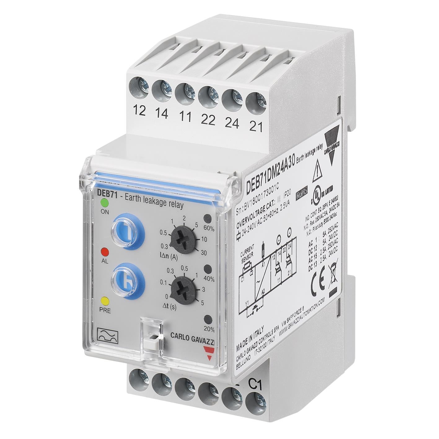 Carlo Gavazzi Inc. DEB71DM24A5 DEB71 Falla a tierra 24 ~ 240VCA 0 ~ 5s -25°C ~ 60°C