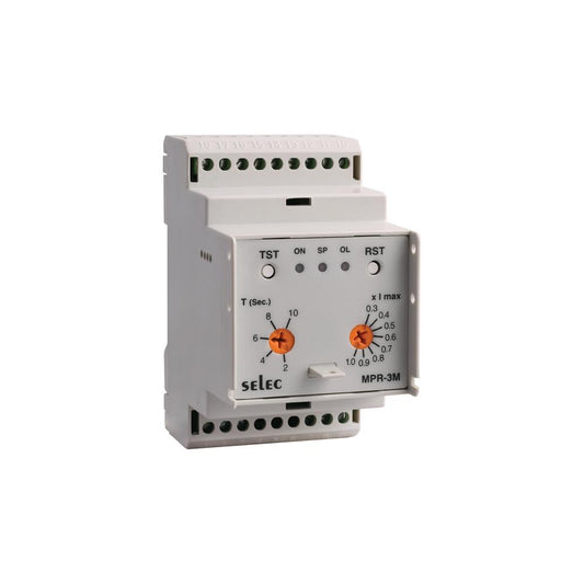 Selec Controls USA Inc. MPR-3M-2-415V MPR Sobrecorriente, asimetría de fase, pérdida de fase, secuencia de fase, subcorriente 415VCA 5.5 s 0°C ~ 50°C