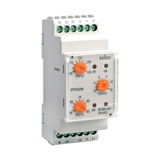 Selec Controls USA Inc. VPRA2M-CE VPRA2M Sobrecorriente, asimetría de fase, pérdida de fase, secuencia de fase, subvoltaje 127 ~ 288VCA 0 ~ 15s -10°C ~ 55°C